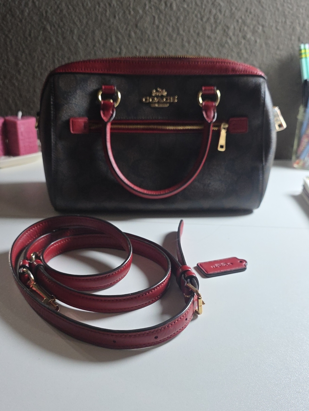 Coach Brown Monogram Crossbody with Red Trim